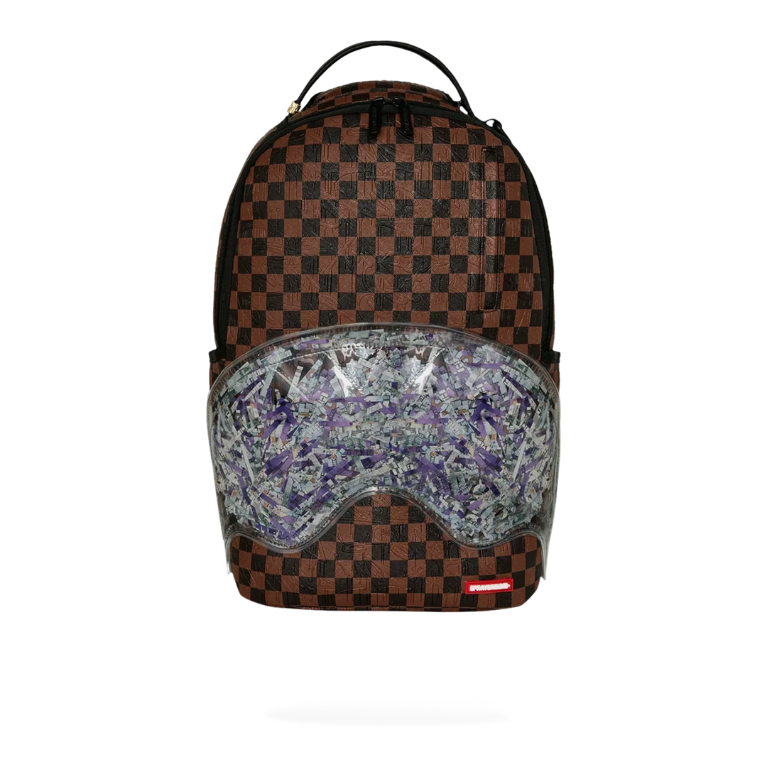 HypeSelection Sprayground Shredded Money DLXSV backpack featuring a brown checkered pattern and money graphic front
