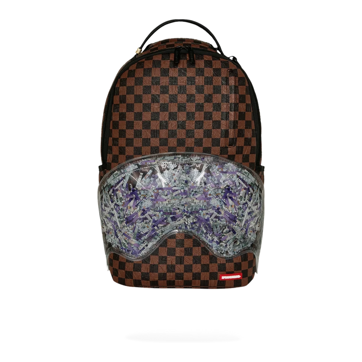 HypeSelection Sprayground Shredded Money DLXSV backpack featuring a brown checkered pattern and money graphic front