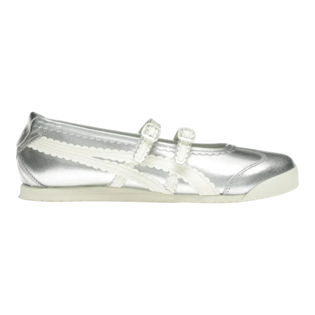 HypeSelection women's Onitsuka Tiger Mexico 66 TGRS silver and cream leather sneakers with double buckle straps.