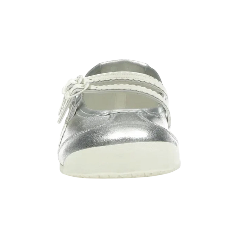 HypeSelection women's silver and cream leather slip-on shoe with decorative strap and bow detail.