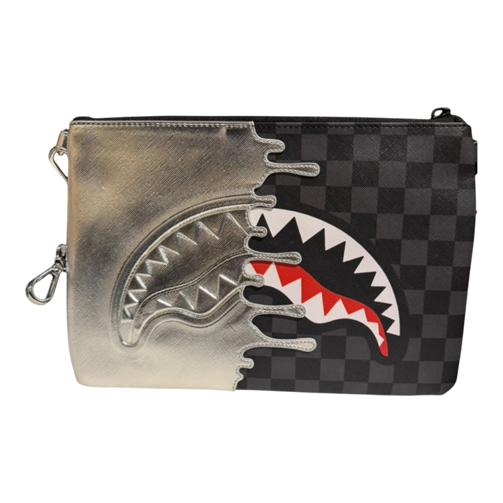 HypeSelection Silver Side Drip Crossover Clutch with shark graphic and checkered pattern, made of synthetic leather.