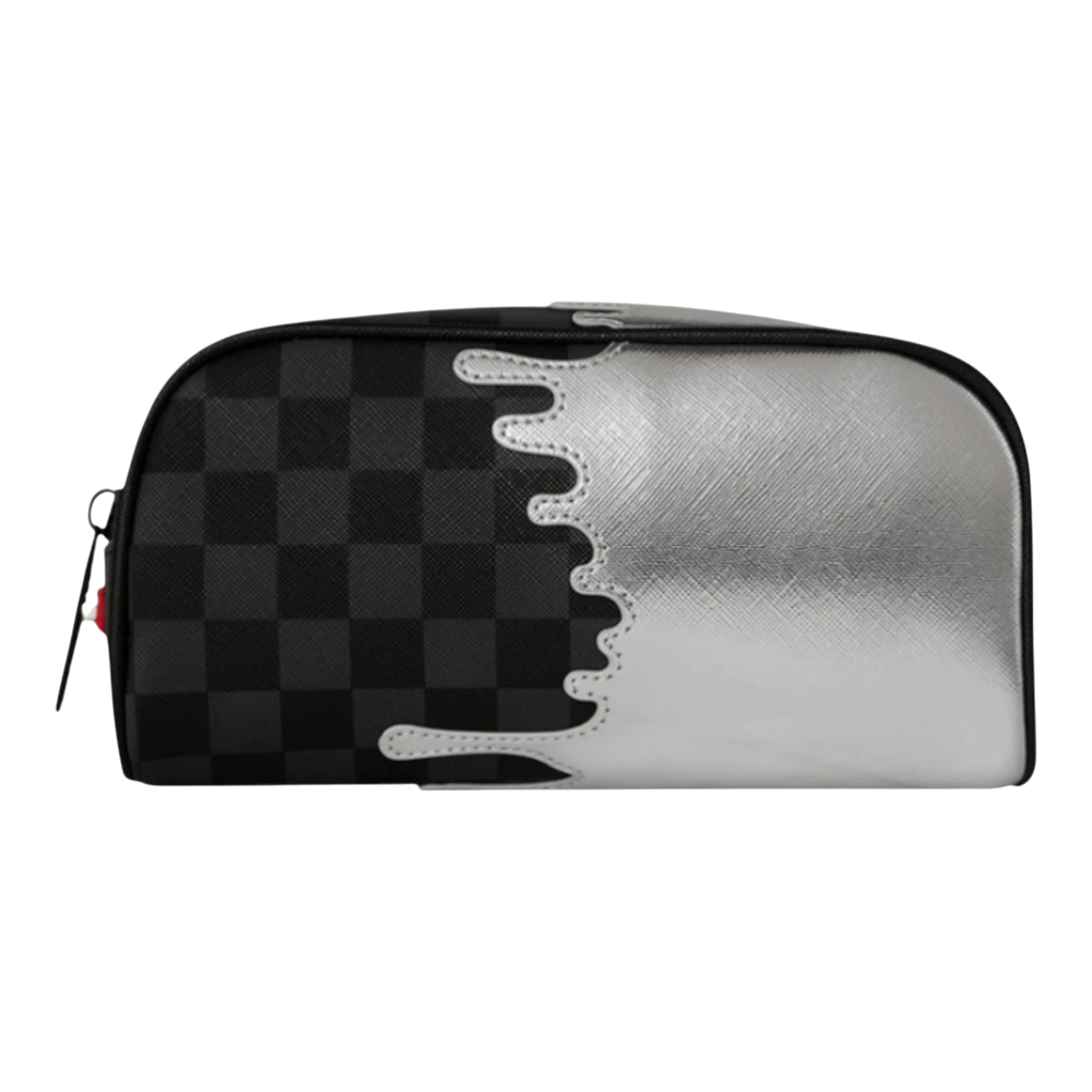 HypeSelection Silver Side Drip Pouch with black checkerboard pattern and silver metallic drip detail, made of PVC.