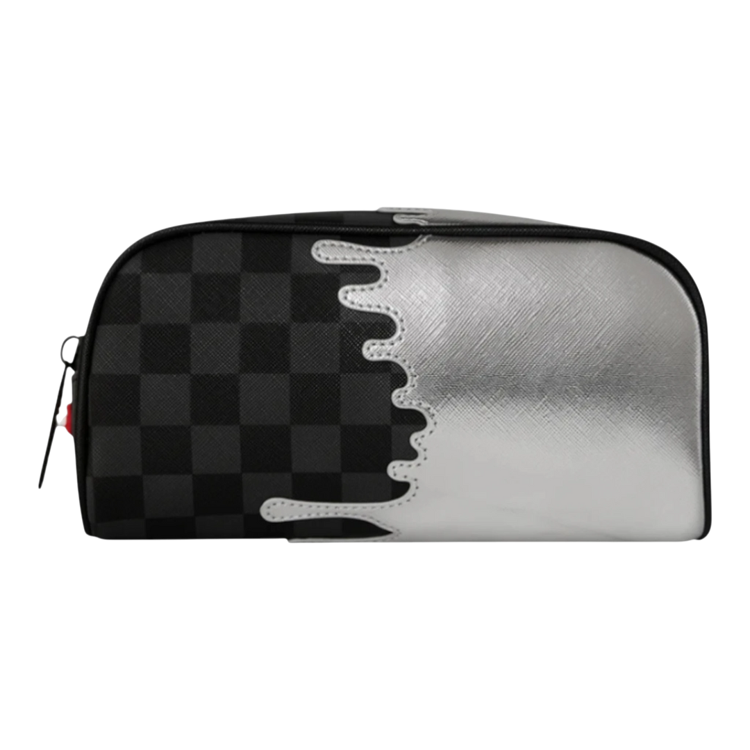 HypeSelection Silver Side Drip Pouch with black checkerboard pattern and silver metallic drip detail, made of PVC.