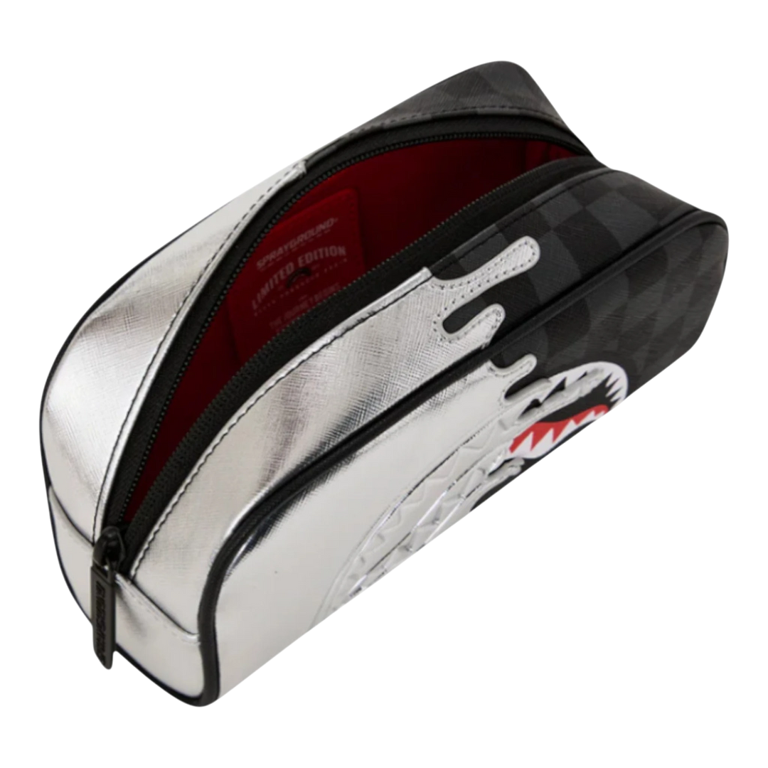 HypeSelection Silver Side Drip Pouch, a metallic silver PVC pouch with a black checkered pattern and a shark face graphic.