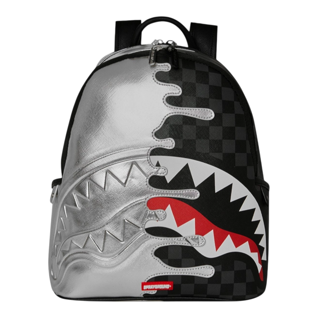 HypeSelection Silver Side Drip Savage backpack with checkered pattern and shark mouth graphic, made of vegan leather.