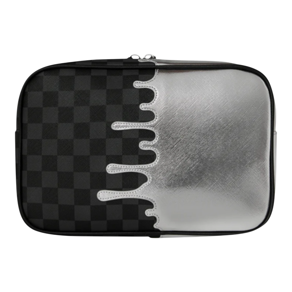 HypeSelection Silver Side Drip toiletry bag with black checkerboard pattern and silver metallic drip design. Dual compartments, PVC material.