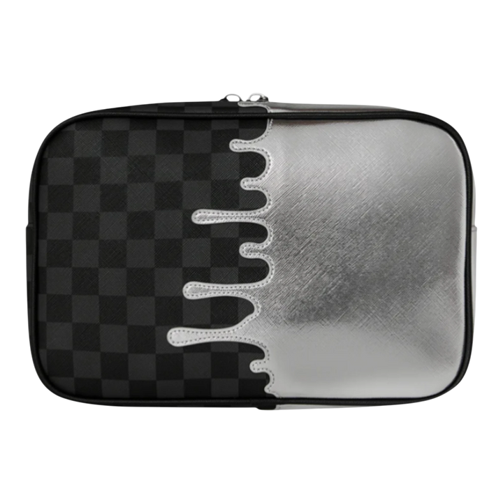 HypeSelection Silver Side Drip toiletry bag with black checkerboard pattern and silver metallic drip design. Dual compartments, PVC material.