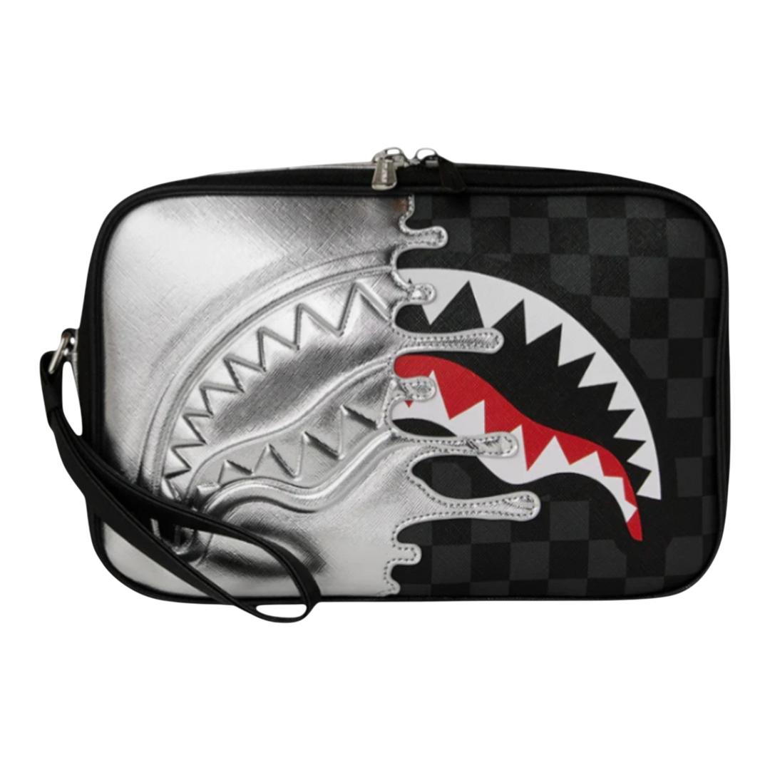 HypeSelection Silver Side Drip Toiletry Brick with shark graphic, dual compartments, and wrist strap. Made of PVC.