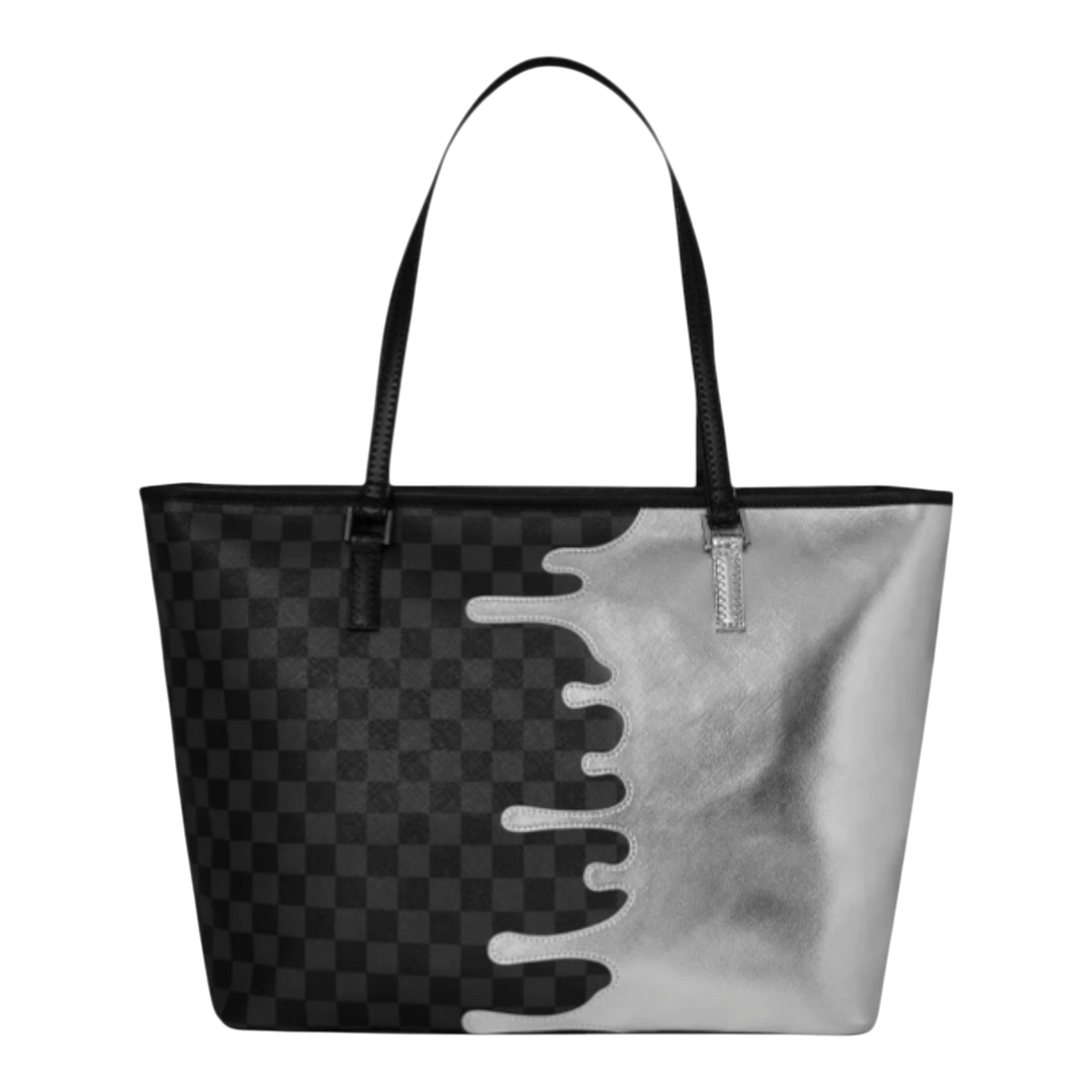HypeSelection tote bag with black checkered pattern and silver side drip design, dual handles, synthetic material.