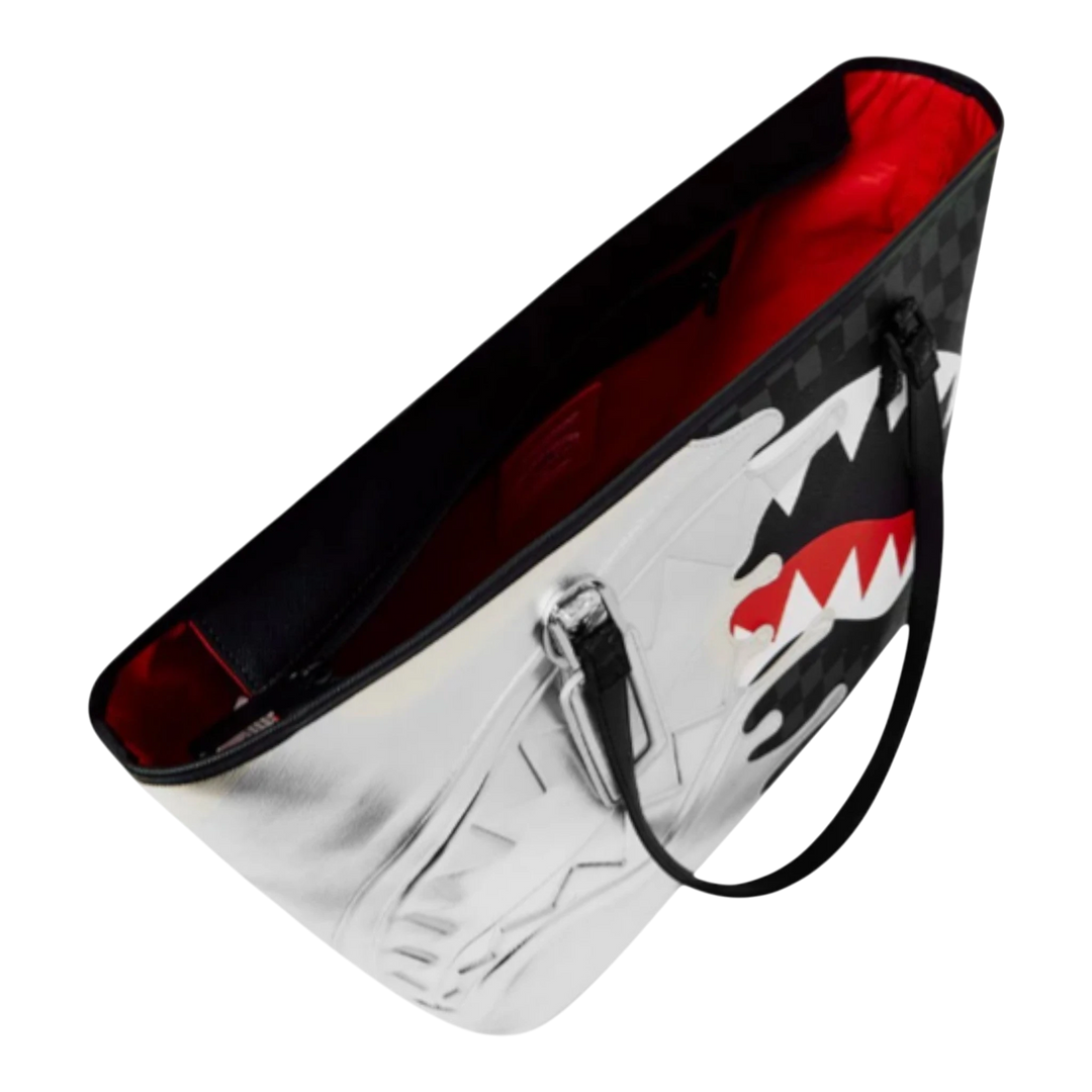 HypeSelection silver tote bag with black and red shark mouth graphic and checkered trim. Dual handles, spacious interior.