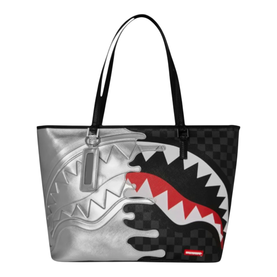 HypeSelection tote bag with silver shark face graphic and black checkerboard pattern. Dual handles and PVC exterior.