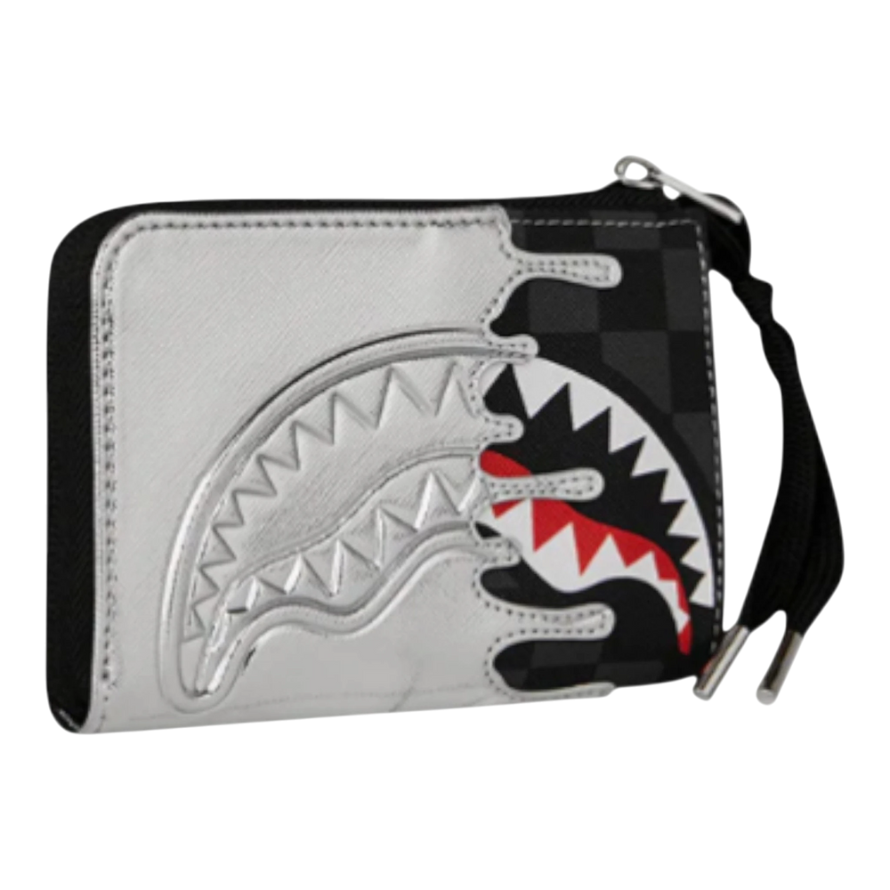 HypeSelection metallic silver wallet with black and white shark graphic and checkered pattern. Features a zip closure and wrist strap.