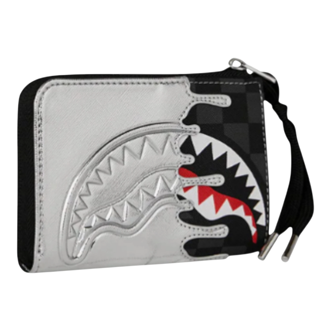 HypeSelection metallic silver wallet with black and white shark graphic and checkered pattern. Features a zip closure and wrist strap.