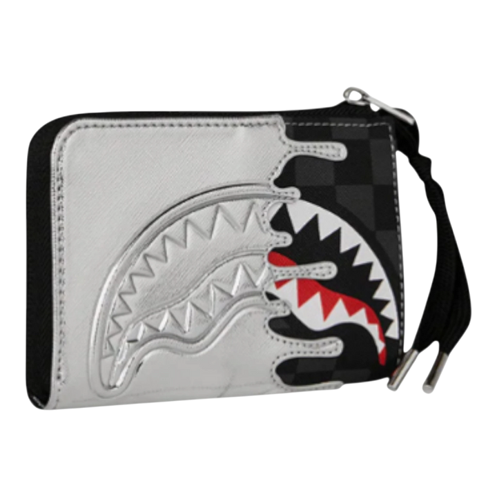 HypeSelection metallic silver wallet with black and white shark graphic and checkered pattern. Features a zip closure and wrist strap.