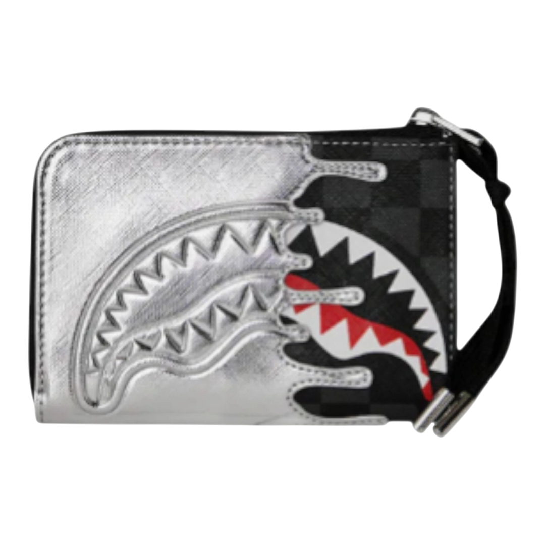 HypeSelection metallic silver wallet with black checkered pattern and shark mouth graphic