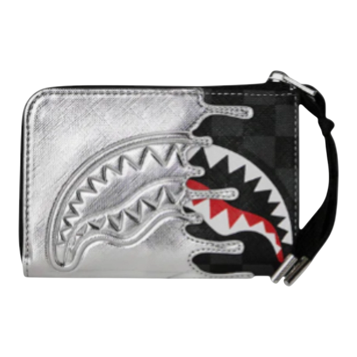 HypeSelection metallic silver wallet with black checkered pattern and shark mouth graphic