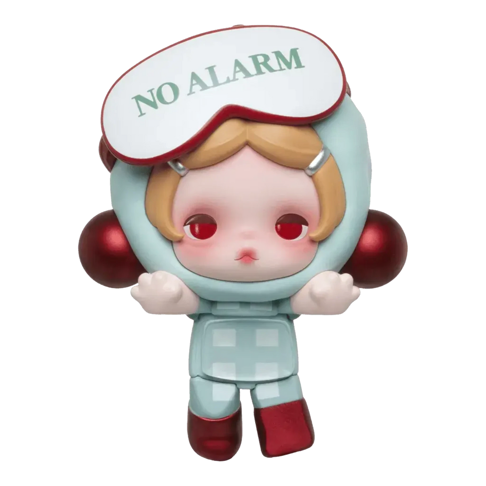 HypeSelection Pop Mart SKULLPANDA Off Mode mini figure wearing a No Alarm sleep mask in a light blue outfit