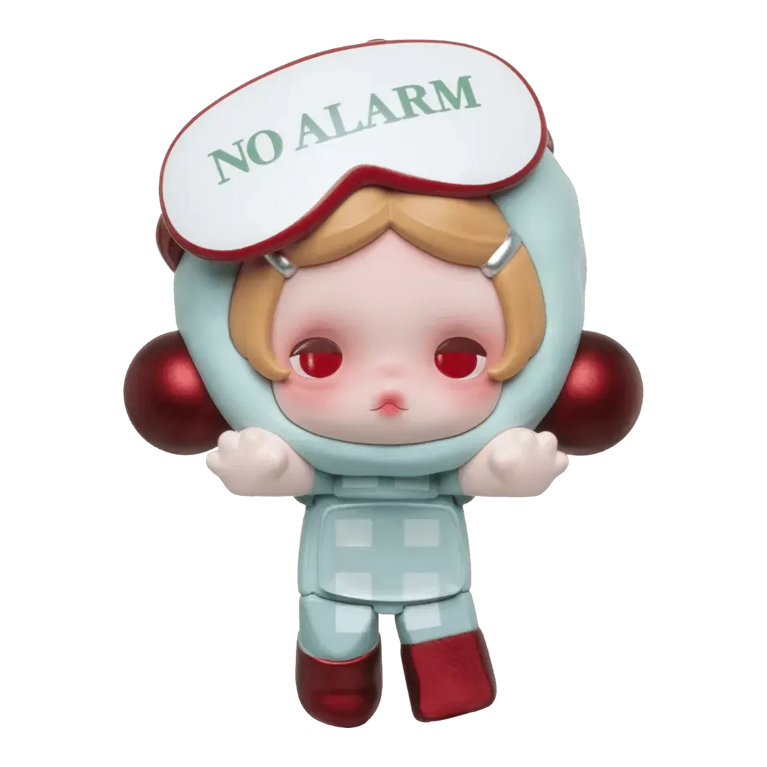 HypeSelection Pop Mart SKULLPANDA Off Mode mini figure wearing a No Alarm sleep mask in a light blue outfit