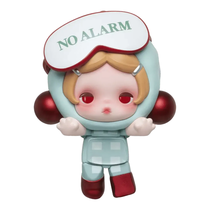 HypeSelection Pop Mart SKULLPANDA Off Mode mini figure wearing a No Alarm sleep mask in a light blue outfit
