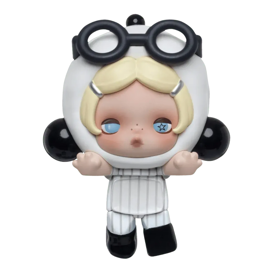 HypeSelection Pop Mart Skullpanda Off Mode series mini figure with blonde hair, blue eyes, and black goggles.