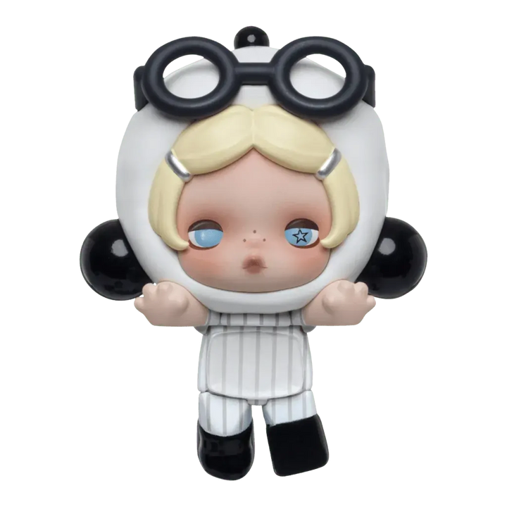 HypeSelection Pop Mart Skullpanda Off Mode series mini figure with blonde hair, blue eyes, and black goggles.