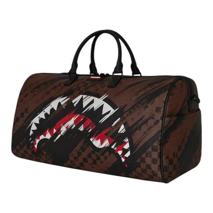 HypeSelection SMEARED GRUNGE DUFFLE: Brown PVC duffle bag with distressed paint-smear pattern and shark graphic.