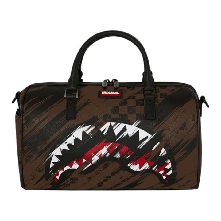 HypeSelection brown mini duffle bag with smeared grunge pattern and shark graphic, made of PVC.