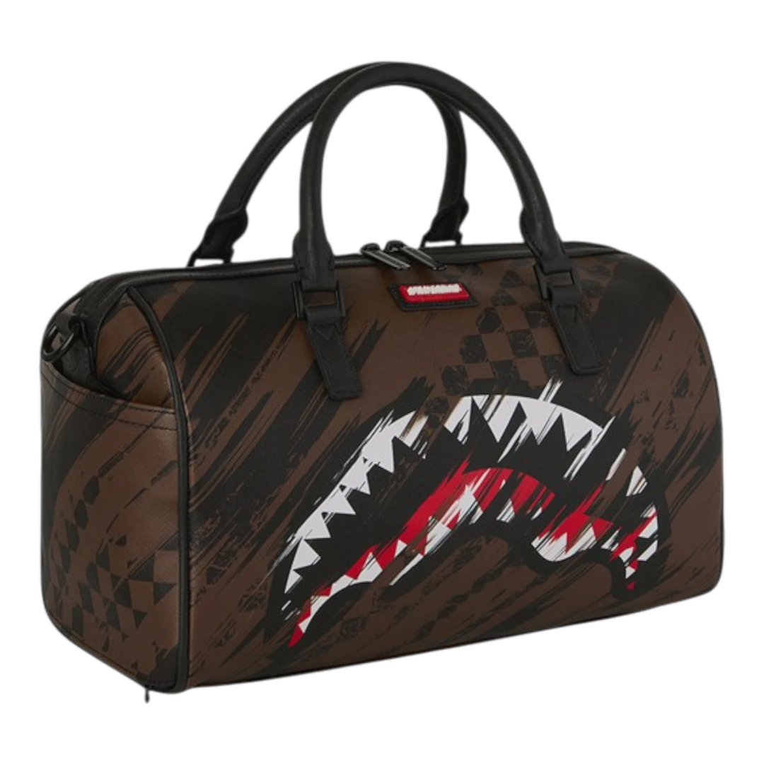HypeSelection brown mini duffle bag with smeared grunge pattern and shark graphic. Made of PVC.