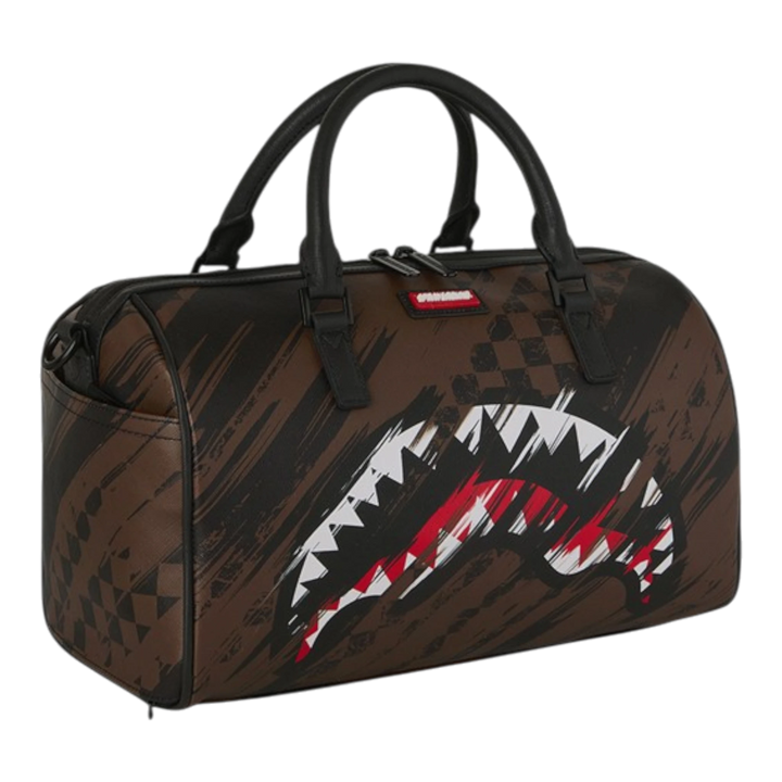 HypeSelection brown mini duffle bag with smeared grunge pattern and shark graphic. Made of PVC.