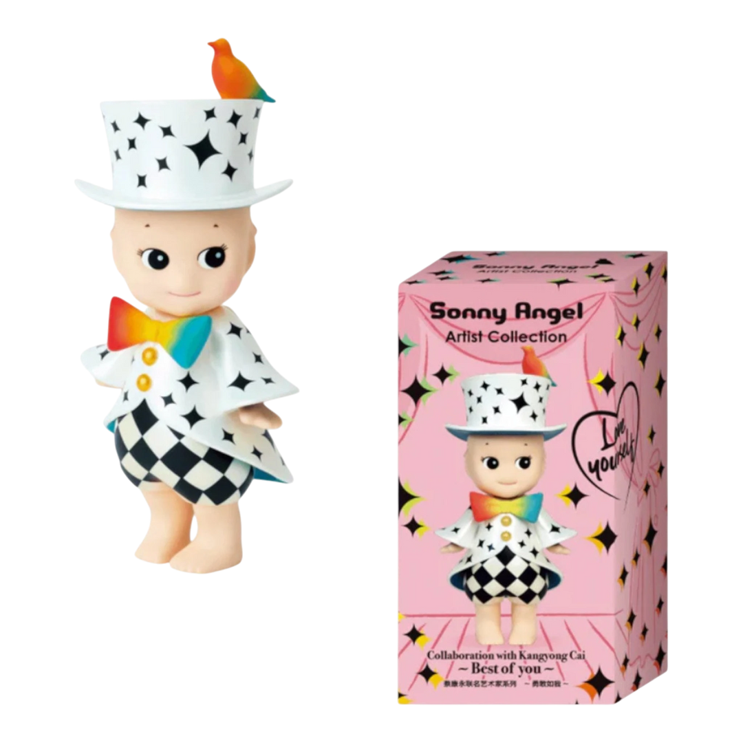 HypeSelection Sonny Angel Best Of You figure by Kangyong Cai, wearing a white top hat with stars, a rainbow bowtie, and a black and white checkered coat.
