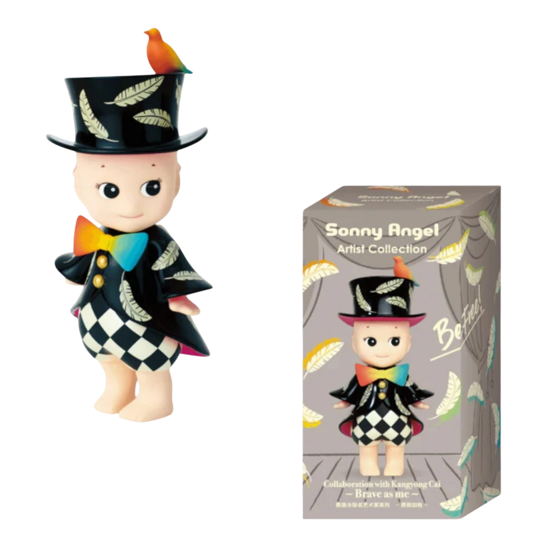 HypeSelection Sonny Angel Brave As Me figure, a collectible PVC toy with a black top hat adorned with feathers and a small bird, wearing a black coat with rainbow bowtie and checkered pants.