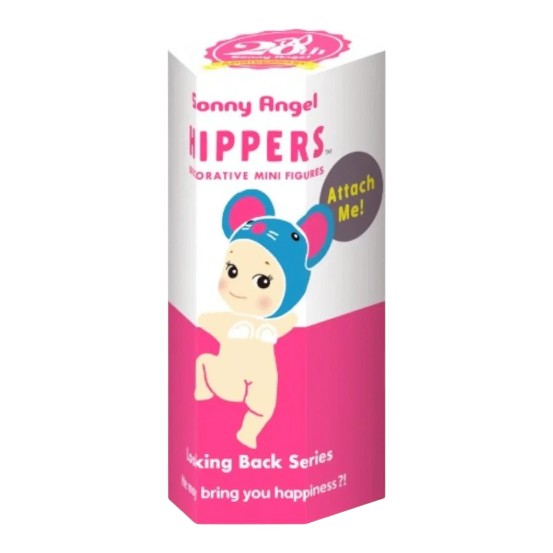 Sonny Angel HIPPERS Looking Back Series blind box with a cute character wearing a blue mouse hat. Collectible mini figure.
