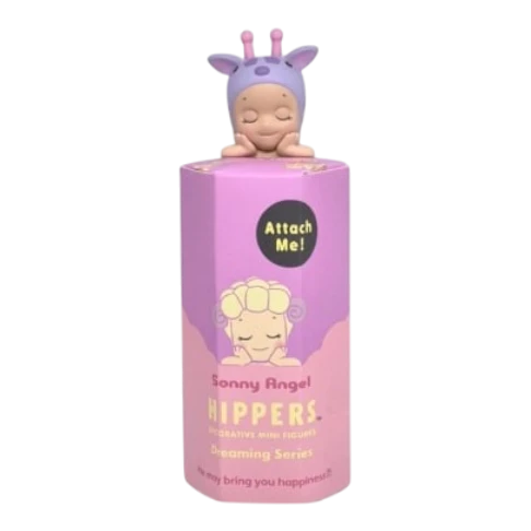 HypeSelection Sonny Angel Hippers Decorative Dreaming Series blind box with a sleeping giraffe character on top, pastel pink and purple packaging.