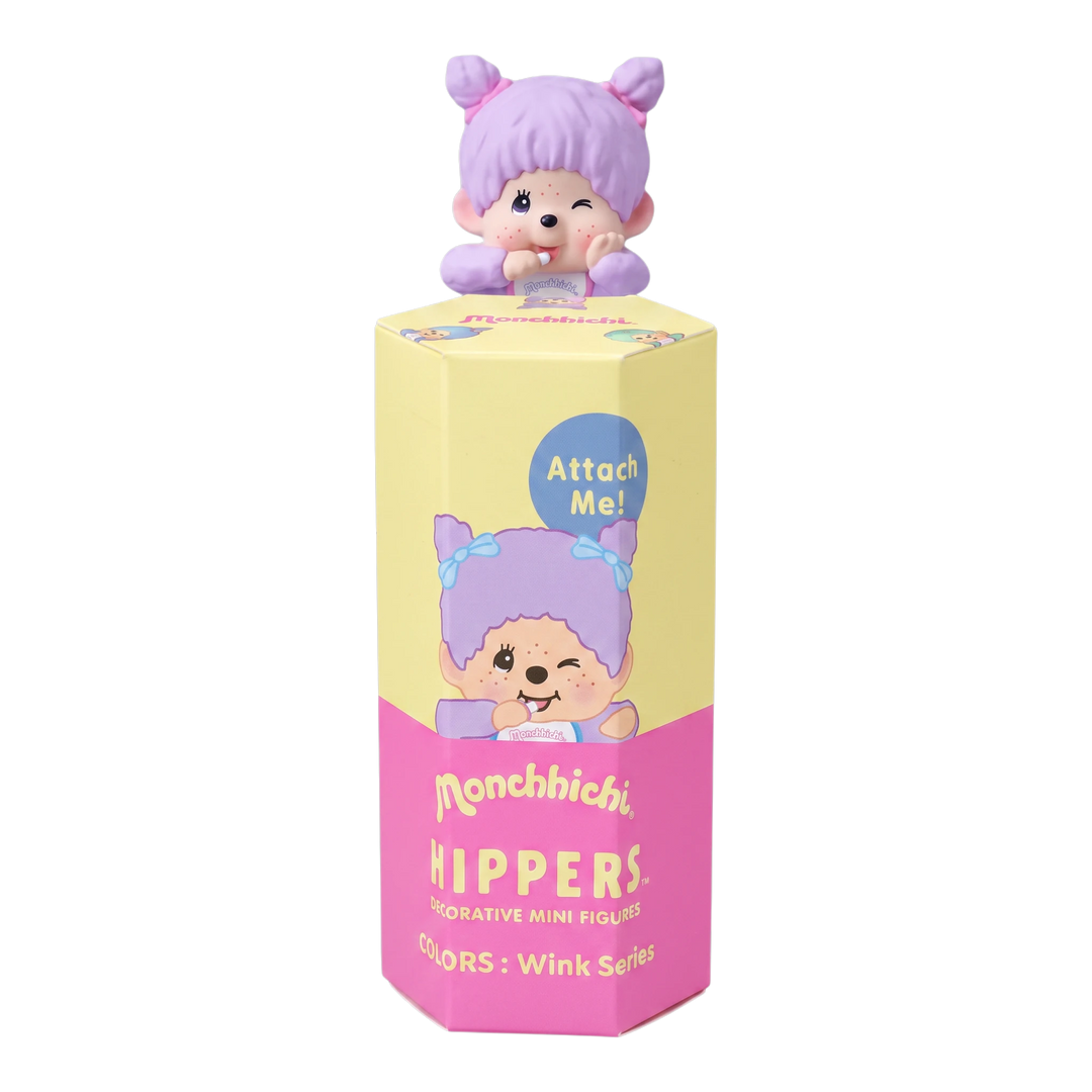 HypeSelection Sonny Angel Hippers Monchhichi Wink Series blind box with a purple-haired winking figure on top