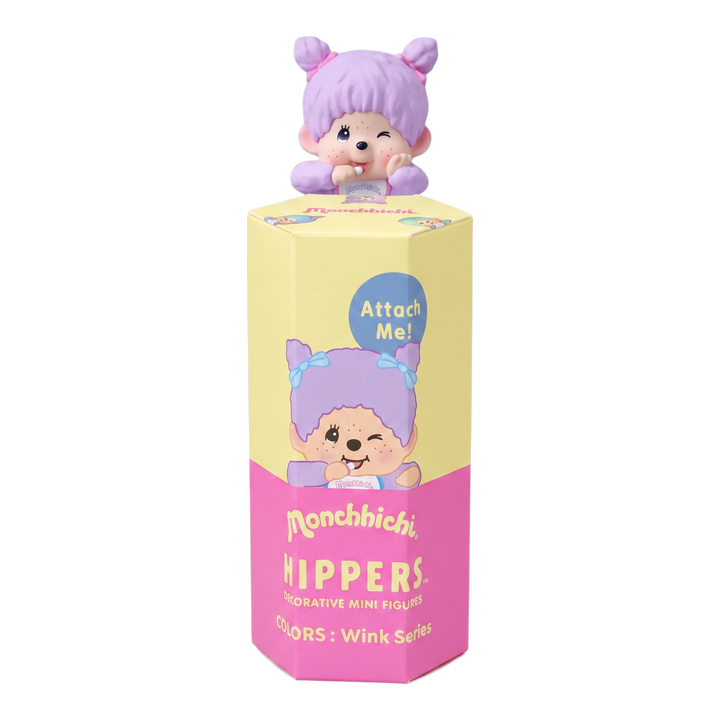 HypeSelection Sonny Angel Hippers Monchhichi Wink Series blind box with a purple-haired winking figure on top