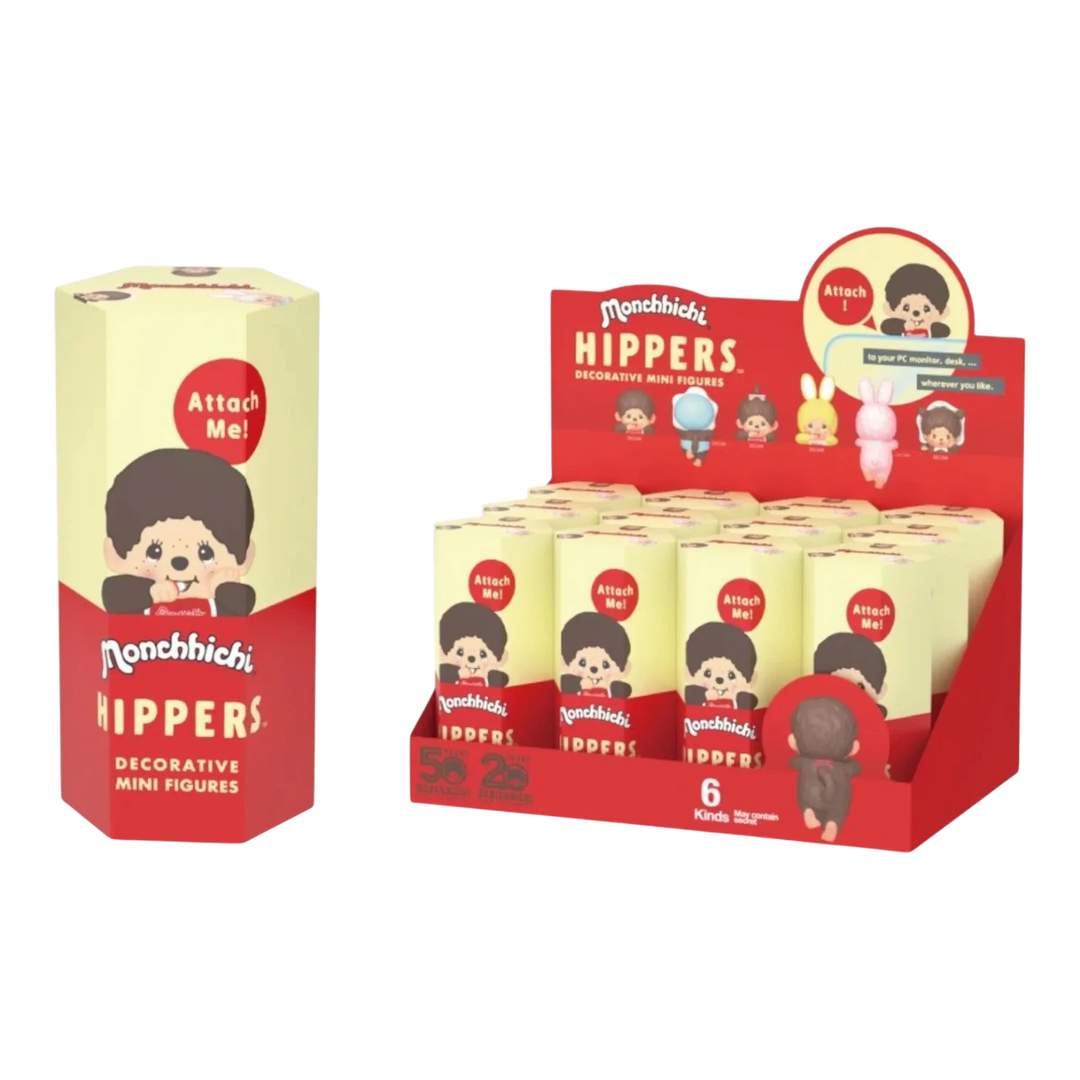 HypeSelection Sonny Angel Hippers Monchhichi Series decorative mini figures blind box display with 6 regular designs and 1 secret figure.