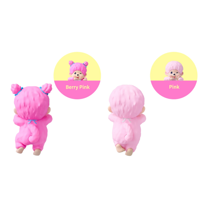HypeSelection Sonny Angel Hippers Monchhichi Wink Series figures in berry pink and pastel pink back and front views.