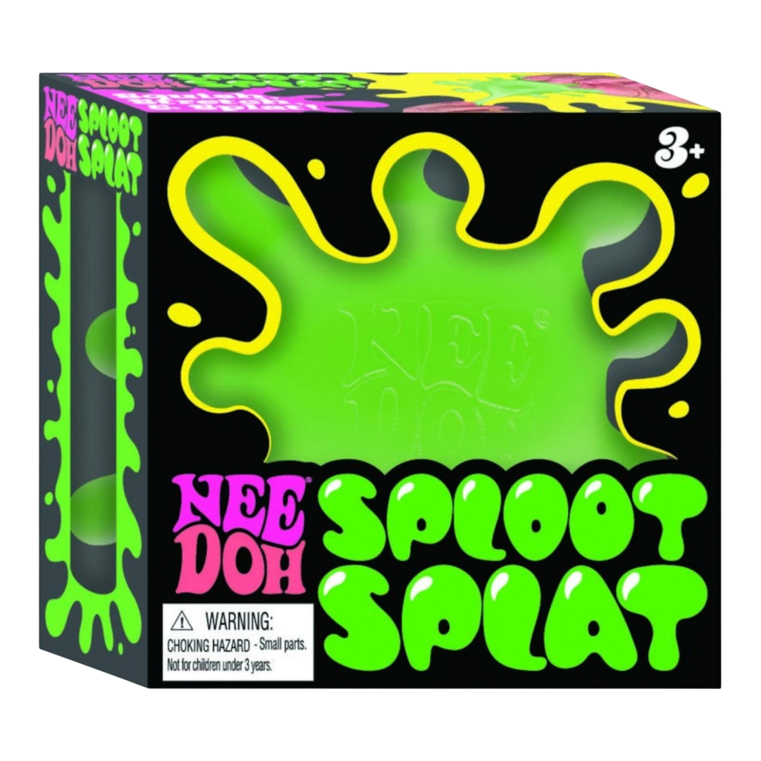 NeeDoh SplootSplat sensory fidget toy in bright green, made of TPR with PVA filling. Features pullable blob extensions.