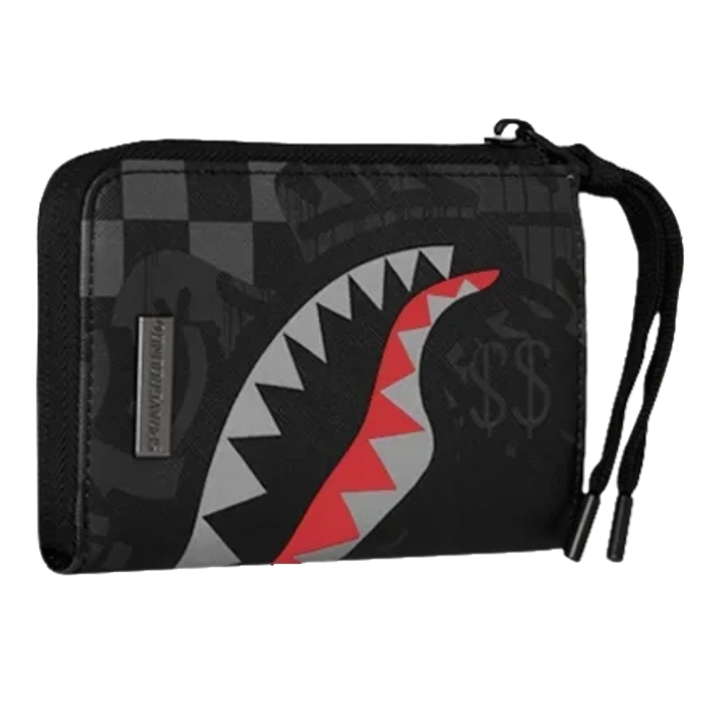 HypeSelection Sprayground 4AM Eclipse wallet featuring a black checkered pattern and iconic shark mouth graphic.