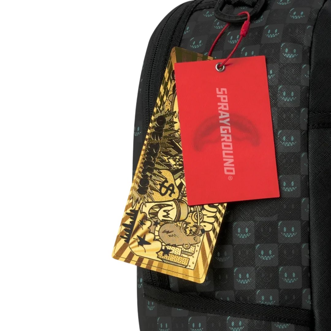 HypeSelection Sprayground backpack featuring a black check pattern with a red brand tag and gold graphic hangtag