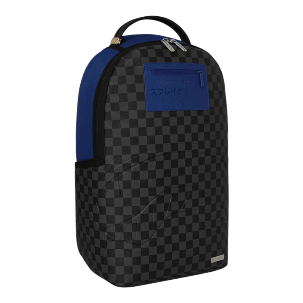 HypeSelection Sprayground BENCH CLEARING backpack with black checkered pattern, blue accents, and Japanese text.