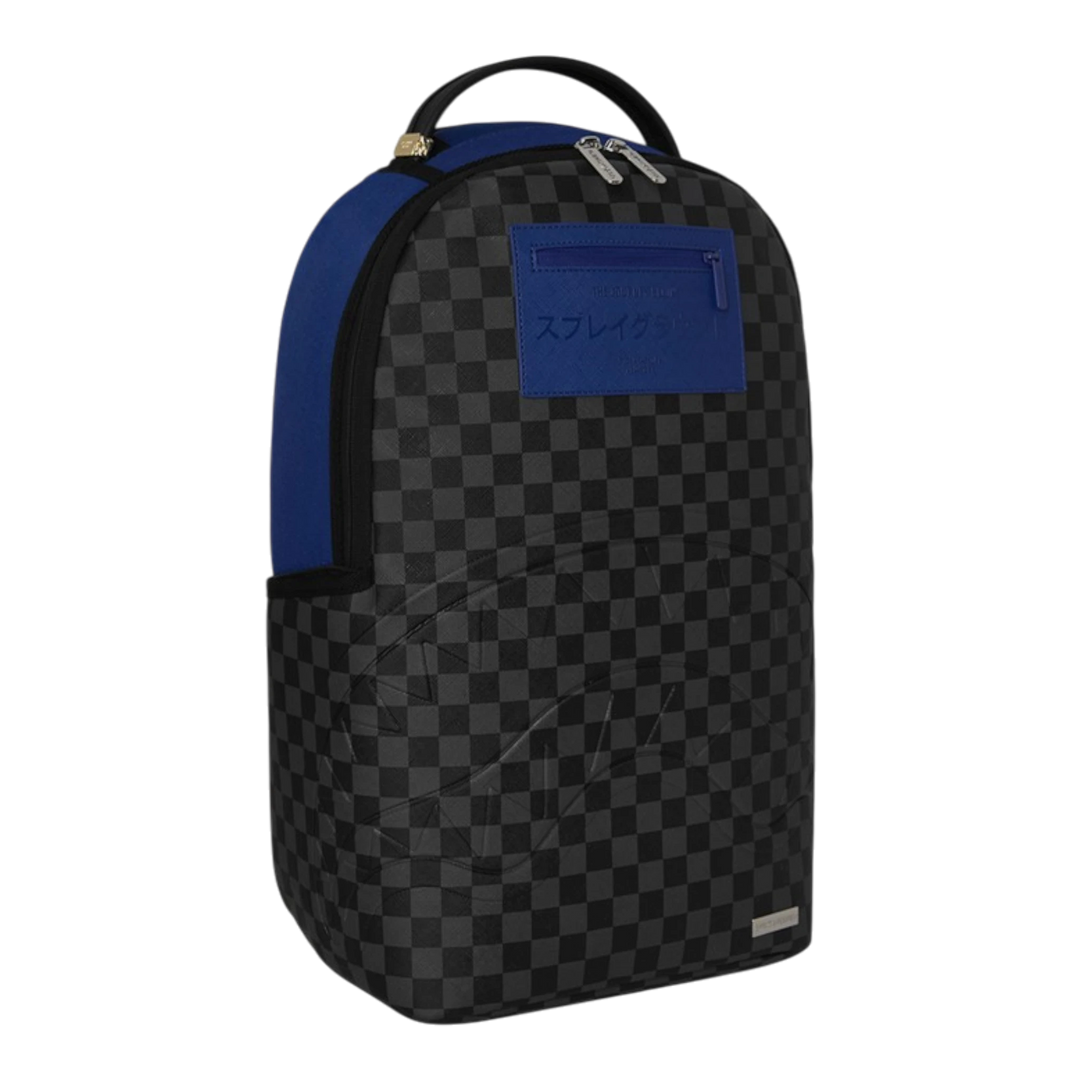 HypeSelection Sprayground BENCH CLEARING backpack with black checkered pattern, blue accents, and Japanese text.