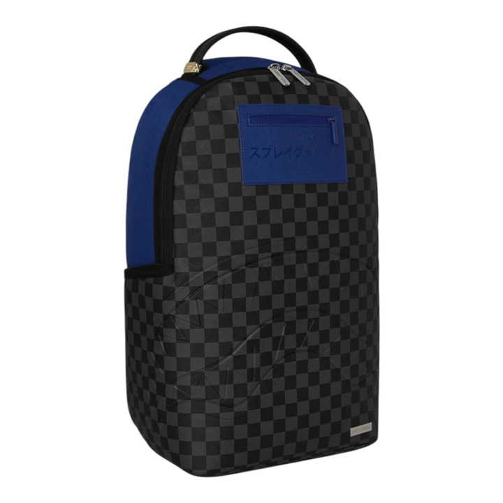 HypeSelection Sprayground BENCH CLEARING backpack with black checkered pattern, blue accents, and Japanese text.