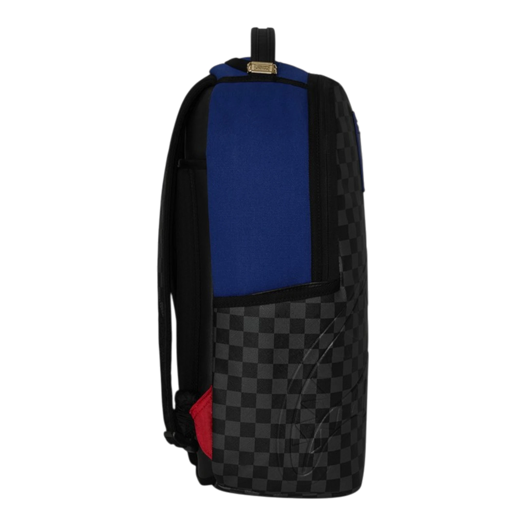 HypeSelection Sprayground BENCH CLEARING backpack with black checkered pattern, blue panel, and red accent.