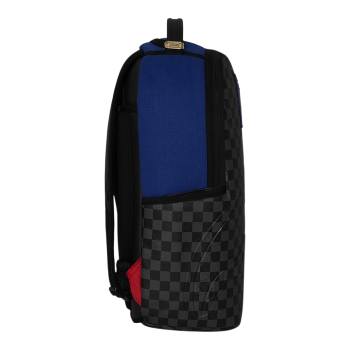 HypeSelection Sprayground BENCH CLEARING backpack with black checkered pattern, blue panel, and red accent.