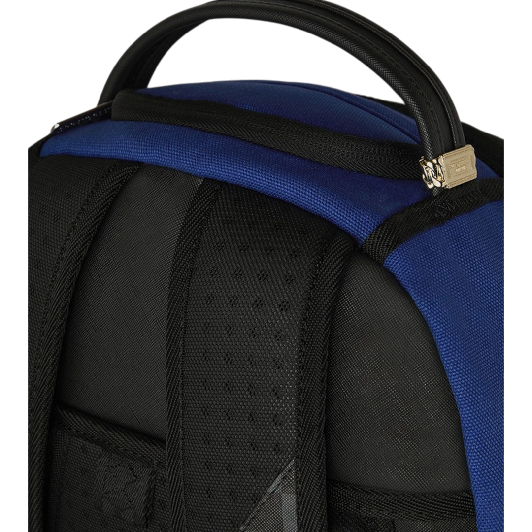 HypeSelection Sprayground BENCH CLEARING backpack in blue and black with padded straps and gold hardware.