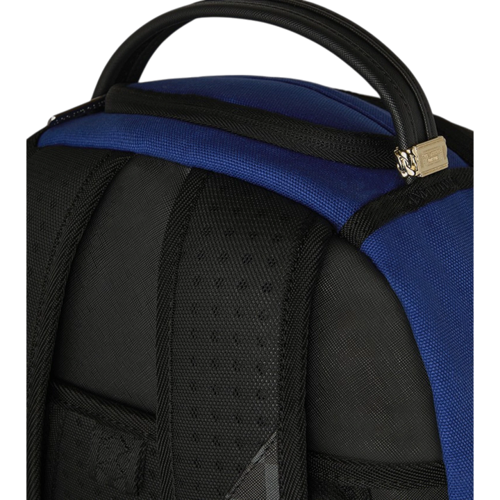 HypeSelection Sprayground BENCH CLEARING backpack in blue and black with padded straps and gold hardware.