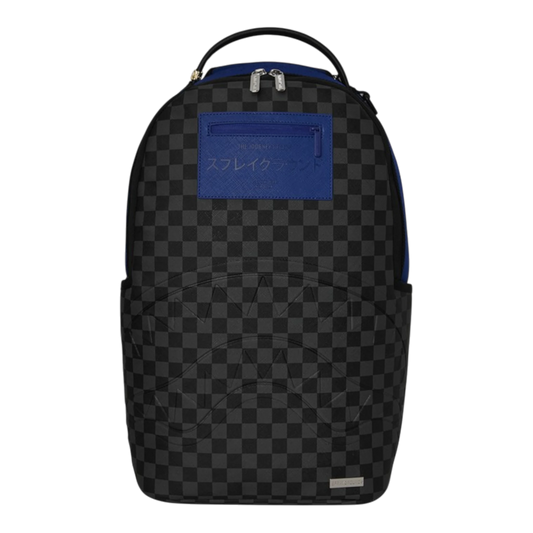 HypeSelection Sprayground BENCH CLEARING backpack with black and grey checkerboard pattern, blue accents, and shark mouth graphic.