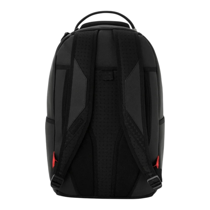 HypeSelection Sprayground blacked out backpack showing the padded back panel and adjustable shoulder straps