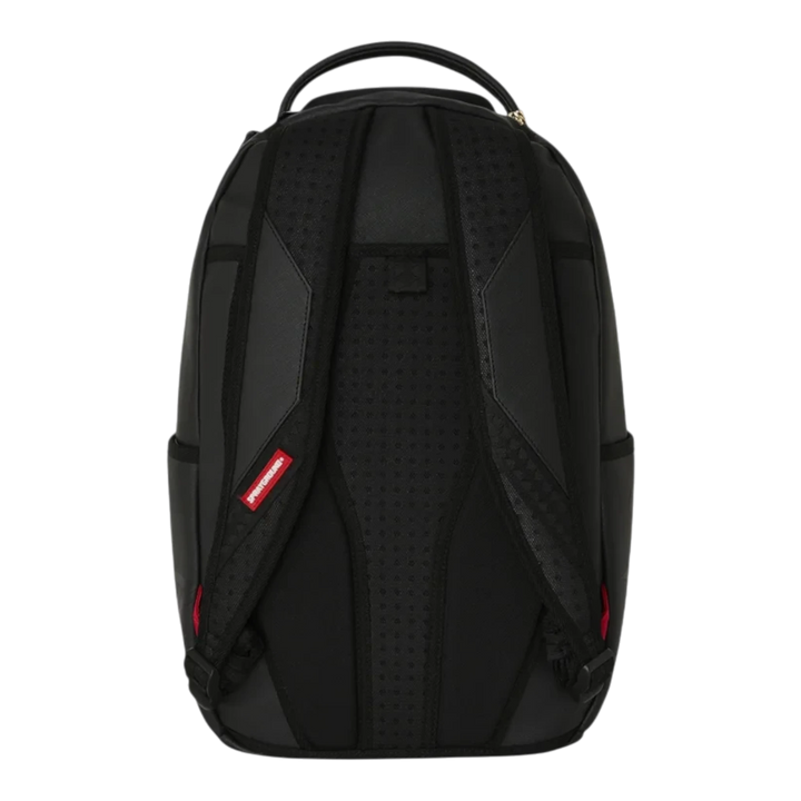 HypeSelection Sprayground Lux Black Ghost Drip DLXSV backpack back view with padded straps and mesh back panel